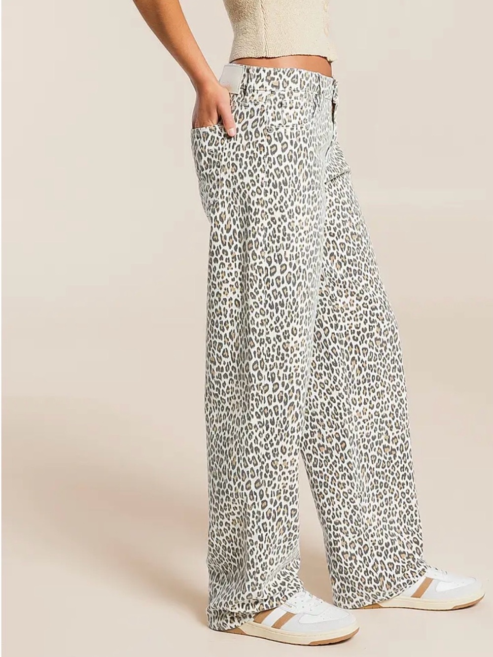 Wide Leg Leopard Print Jeans - Cream - Picture 2 of 2
